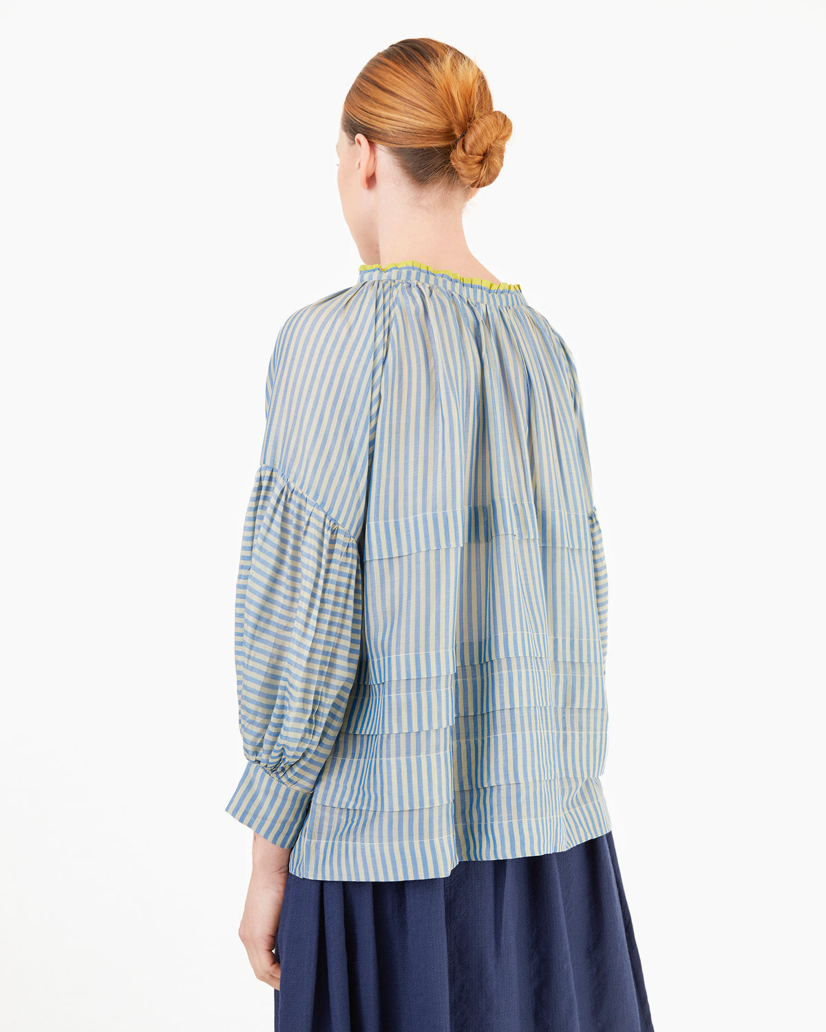 Runaway Bicycle Astrid Pleated Modal/Silk Blouse in Blue Stripe