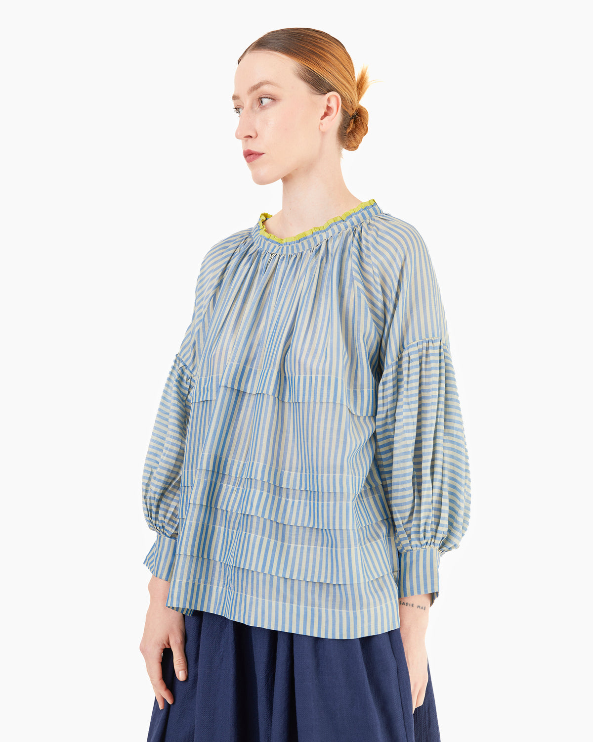 Runaway Bicycle Astrid Pleated Modal/Silk Blouse in Blue Stripe
