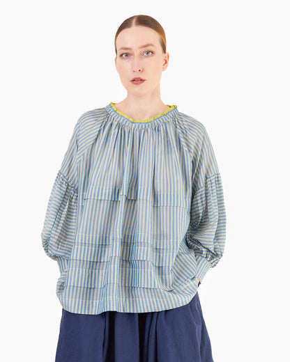 Runaway Bicycle Astrid Pleated Modal/Silk Blouse in Blue Stripe