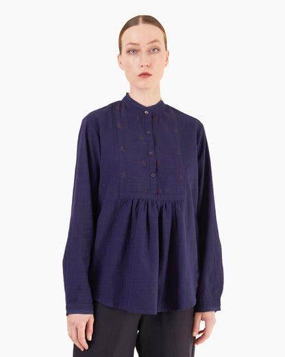 Runaway Bicycle Kai Cotton Embroidered Blouse in Indigo