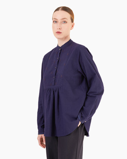 Runaway Bicycle Kai Cotton Embroidered Blouse in Indigo