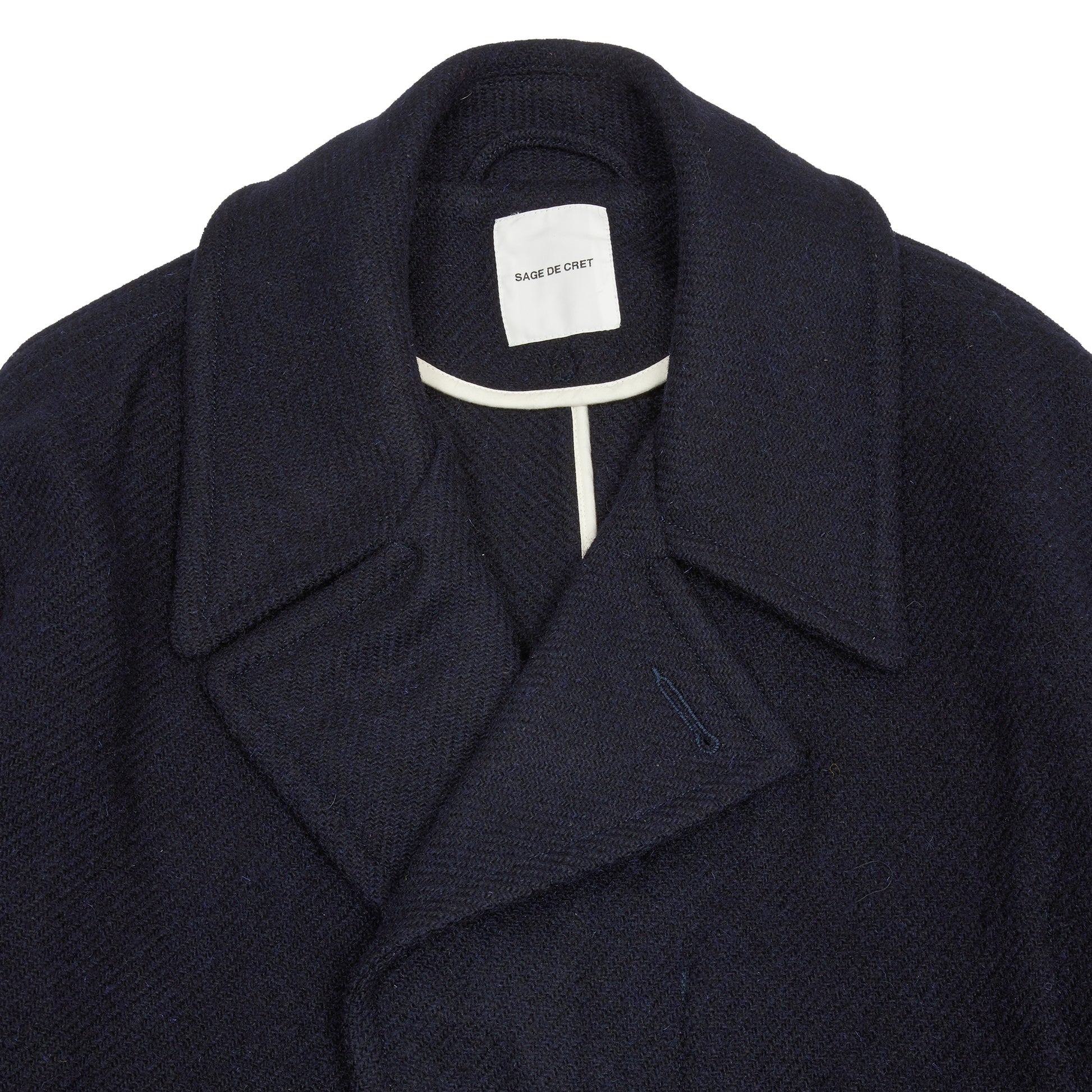 Sage de Cret Harris Tweed Ulster Collar Long Coat in Navy