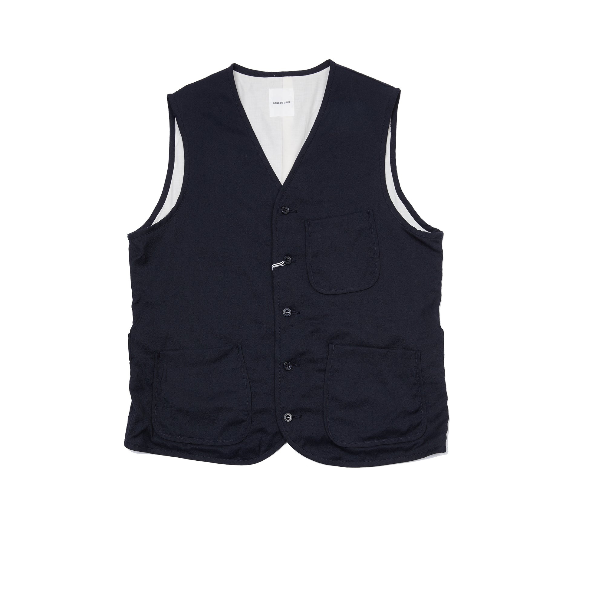 Sage de Cret Wool Silk Tumbler Washed Piping Vest in Navy