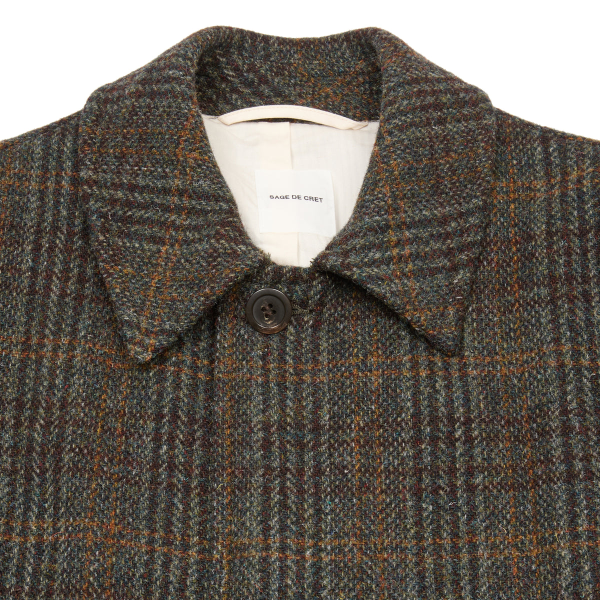 Sage De Cret Harris Tweed Balmacaan Overcoat in Dark Green Check