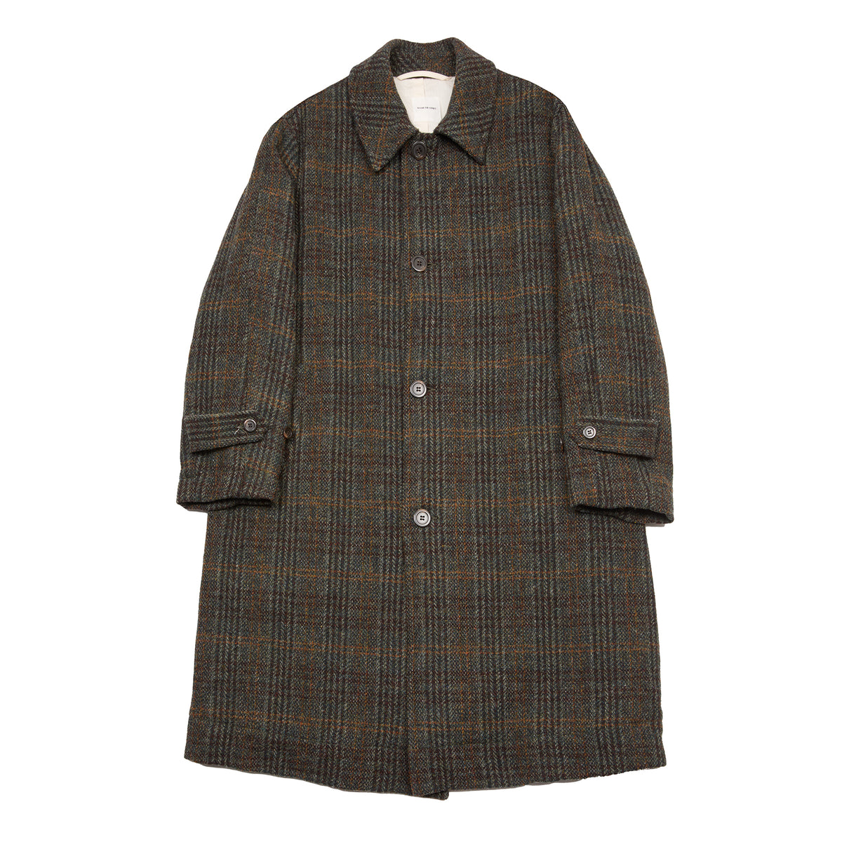 Sage De Cret Harris Tweed Balmacaan Overcoat in Dark Green Check