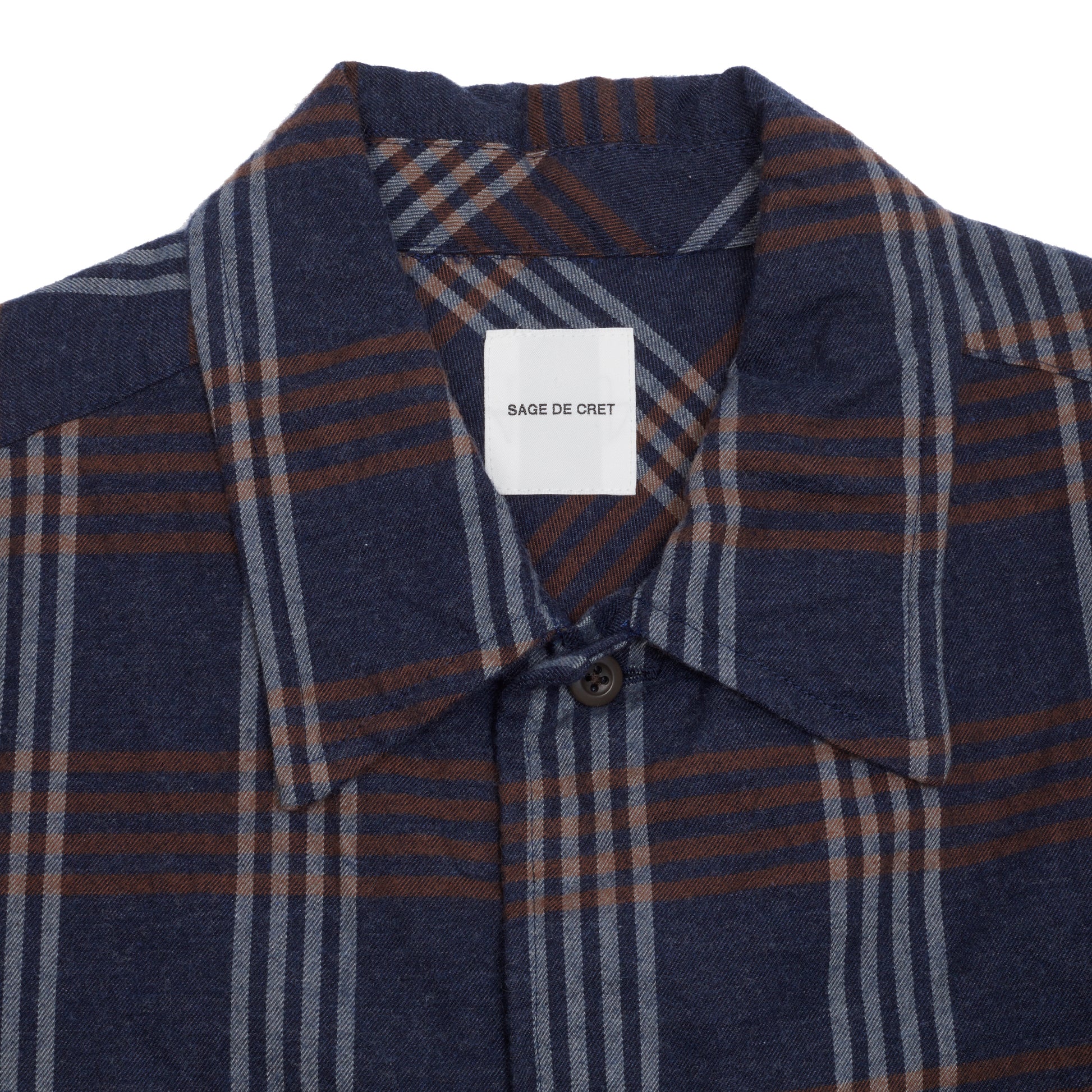 Sage De Cret Cotton Open Collar Shirt in Navy Check