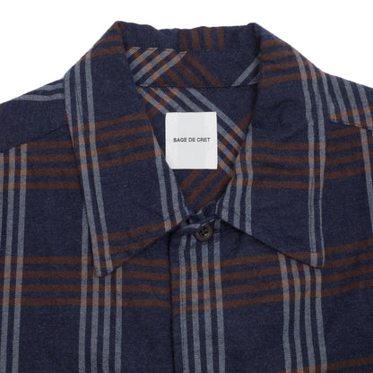 Sage De Cret Cotton Open Collar Shirt in Navy Check
