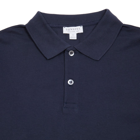 Sunspel Long Sleeve Piqué Polo Shirt in Navy