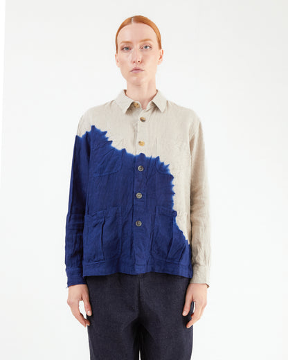 Suzusan Boushi Somewake Shibori Overshirt in Navy/ Grege