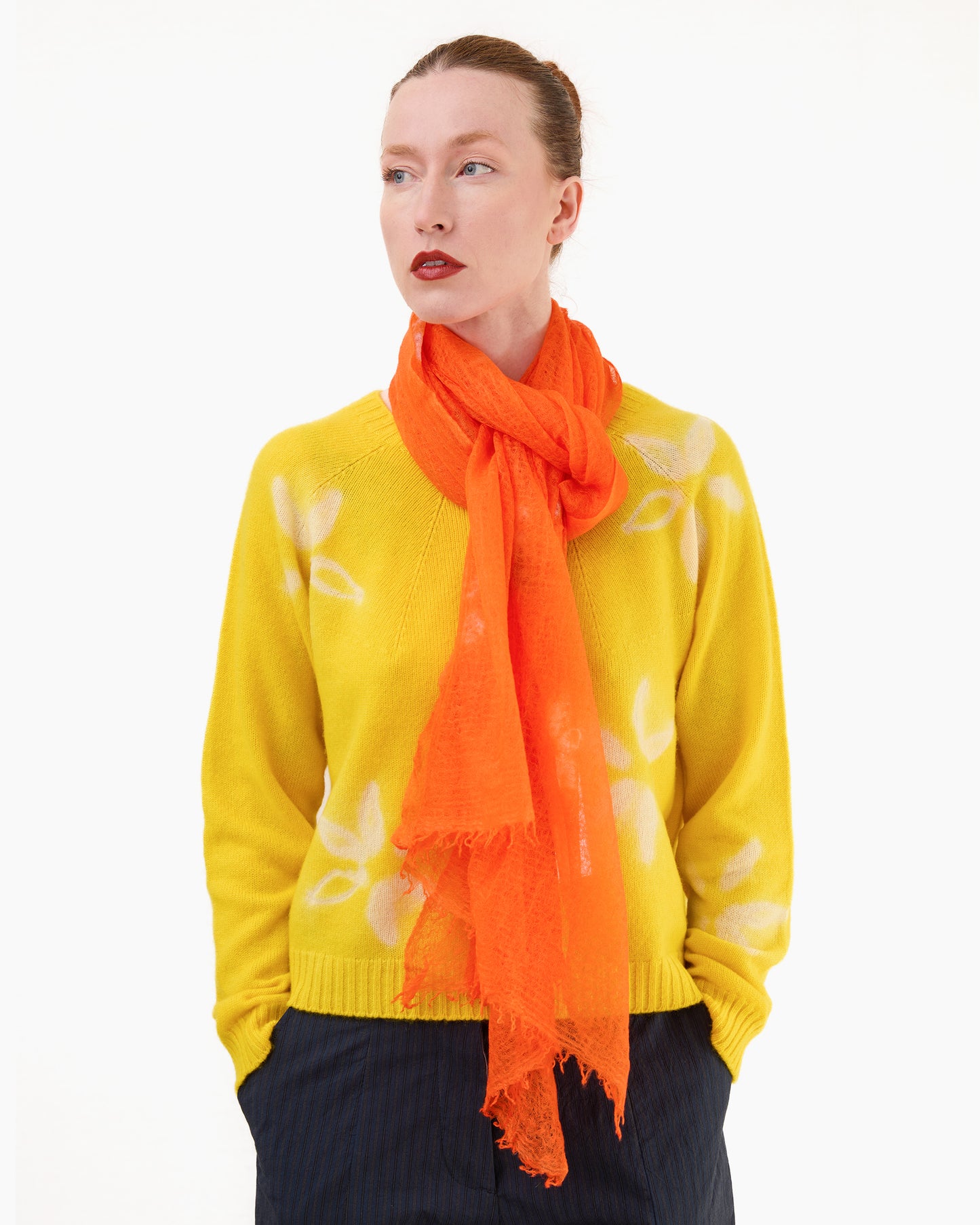 Suzusan Handwoven Featherweight Cashmere Shawl in Orange/ White