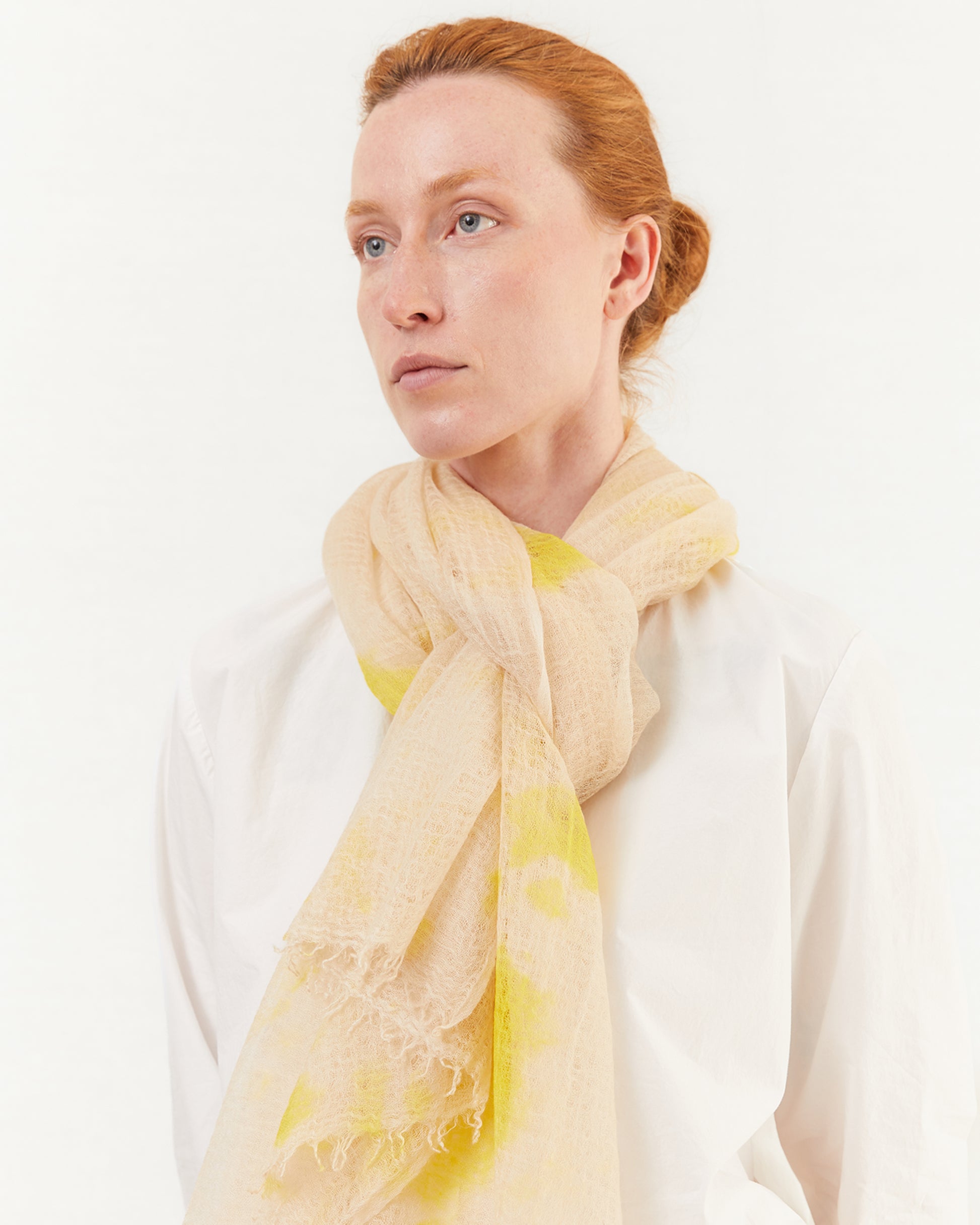 Suzusan Handwoven Featherweight Cashmere Shawl in Sun Yellow/ Sand