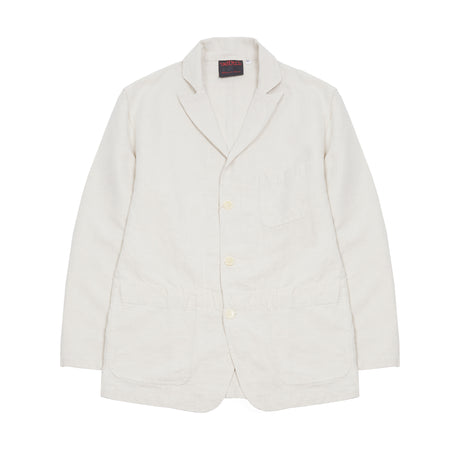 Peaked blazer in linen and cotton hopsack. Three button jacket; unstructured and unlined. 56% Cotton / 44% Linen. Made in France.