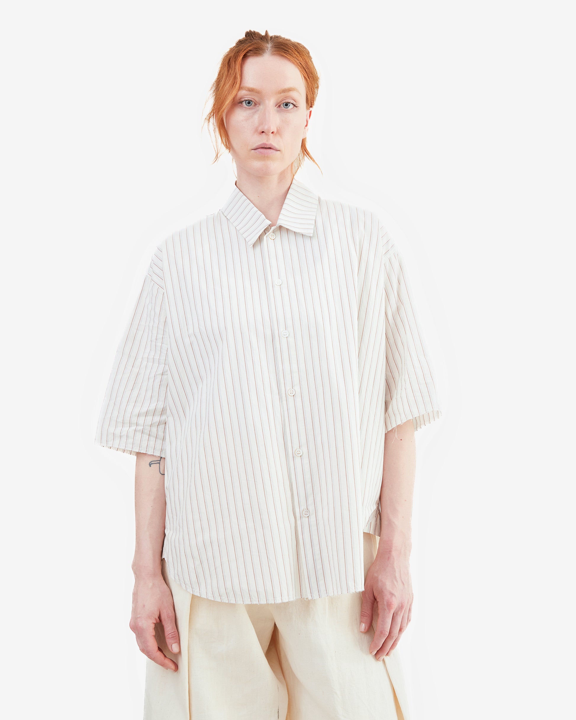 Wright + Doyle Manaton Shirt in Chalk/Brick Pinstripe