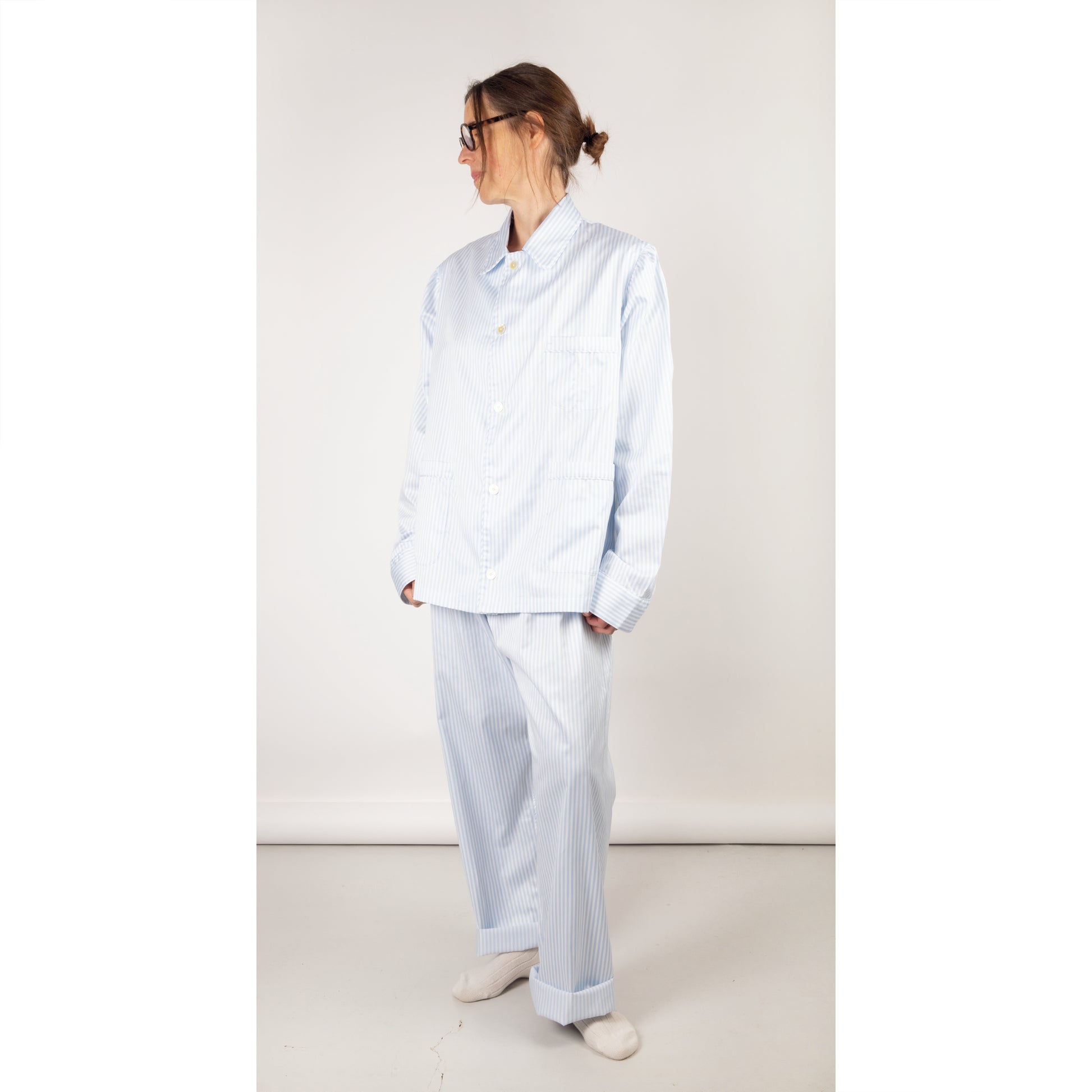 Finamore Cotton Pyjamas in White / Blue Stripe