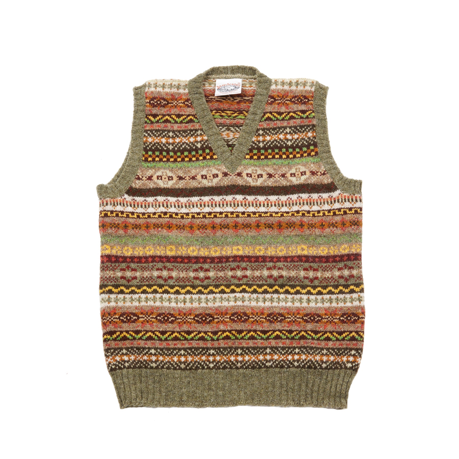 Jamieson's V-neck Fair Isle Slipover in Moss Green