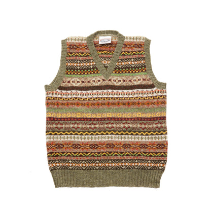 Jamieson's V-neck Fair Isle Slipover in Moss Green